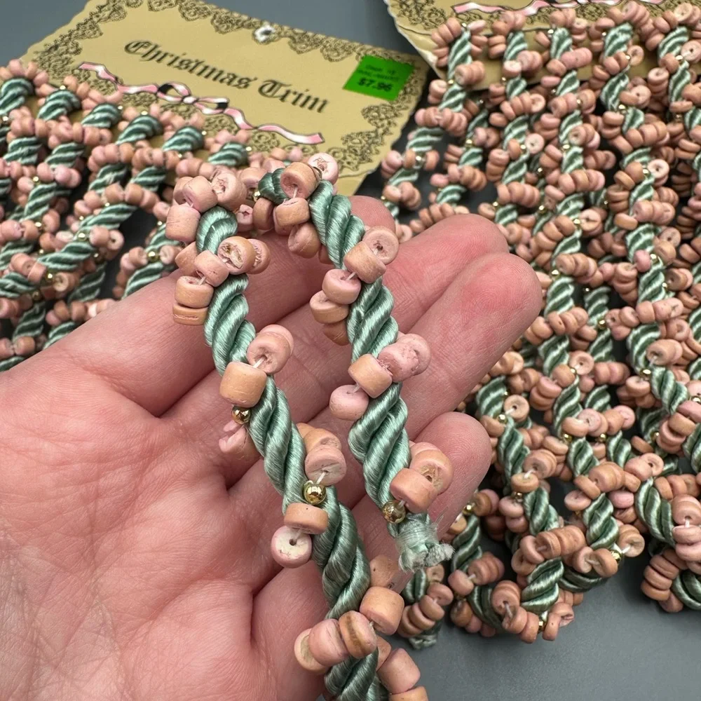 2 Packs VTG 90s Walmart Christmas Trim Garland Green Cord With Pink & Gold Beads